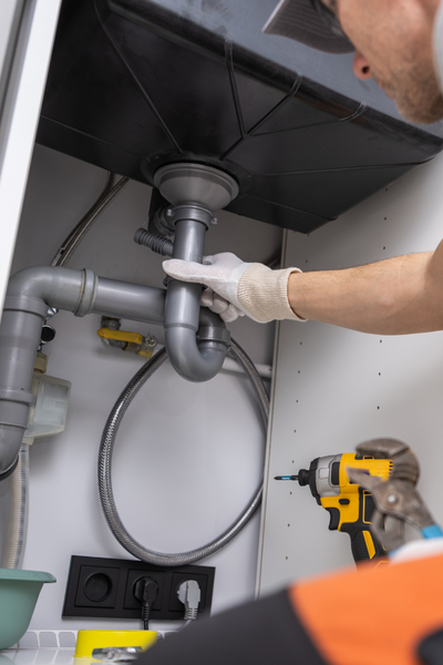 Plumber installing a kitchen sink drain and P-trap plumbing beneath a cabinet in Aledo, TX