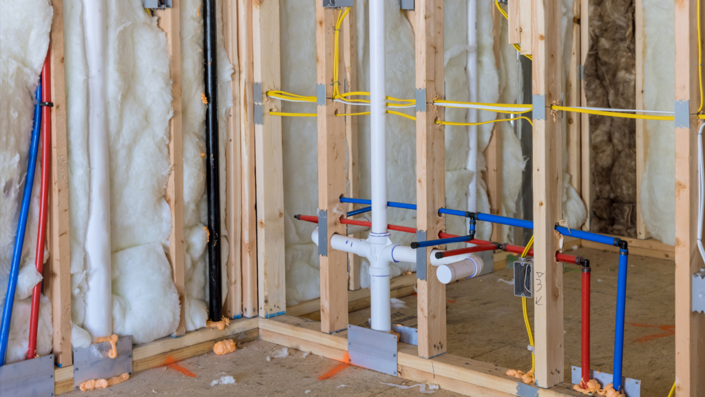 New construction plumbing system installed inside wall framing